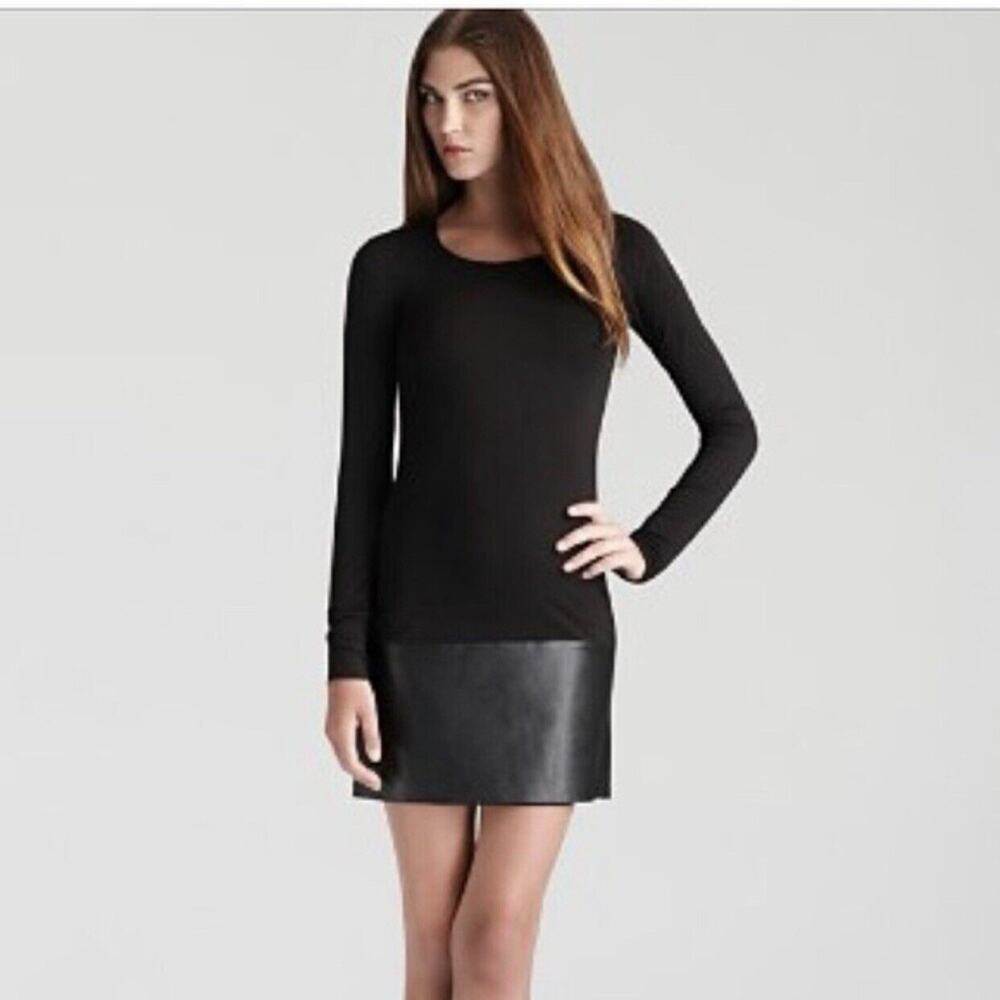 Bailey 44 Black Faux Leather Trim Long Sleeve Dress Small NWT
